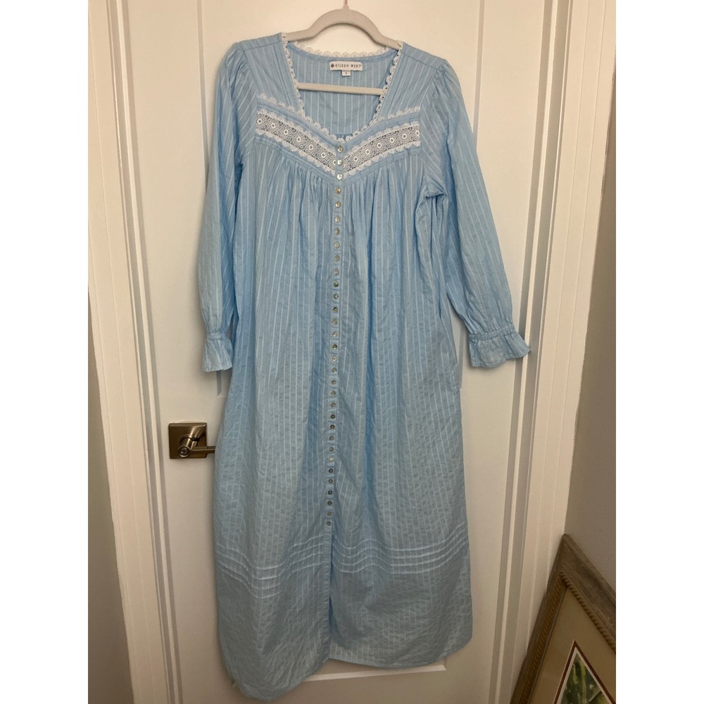 Eileen West Cotton Dobby Blue Stripe Lace Trim Full Sweep Ballet Robe Nightgown